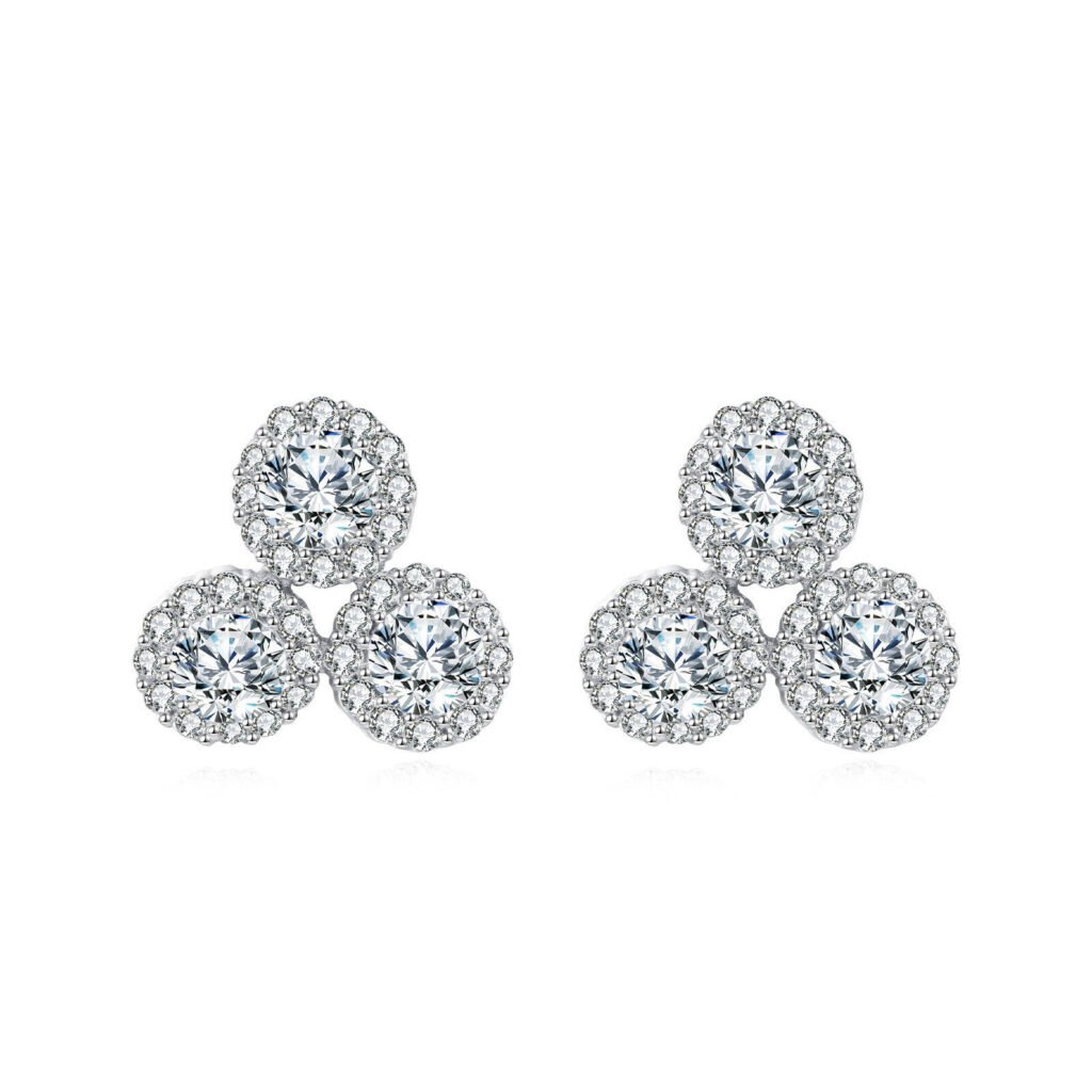 925 Sterling Silver **triple Moissanite Cluster Earrings In Plated with White Gold**