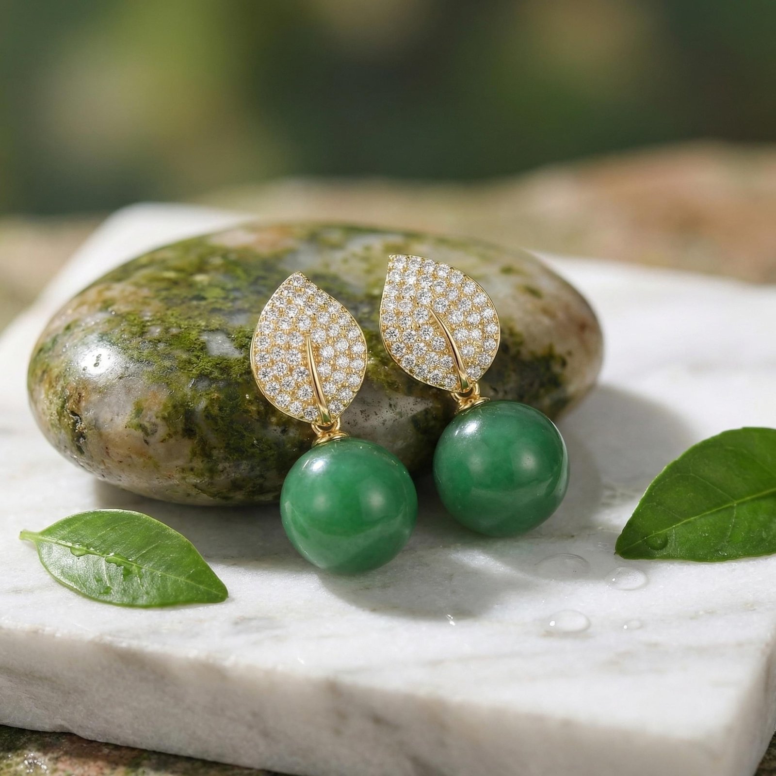 925 Sterling Silver Elegant Nature-Inspired Leaf Pave Accents and Green Jade Spherical Drop Earrings - Image 4