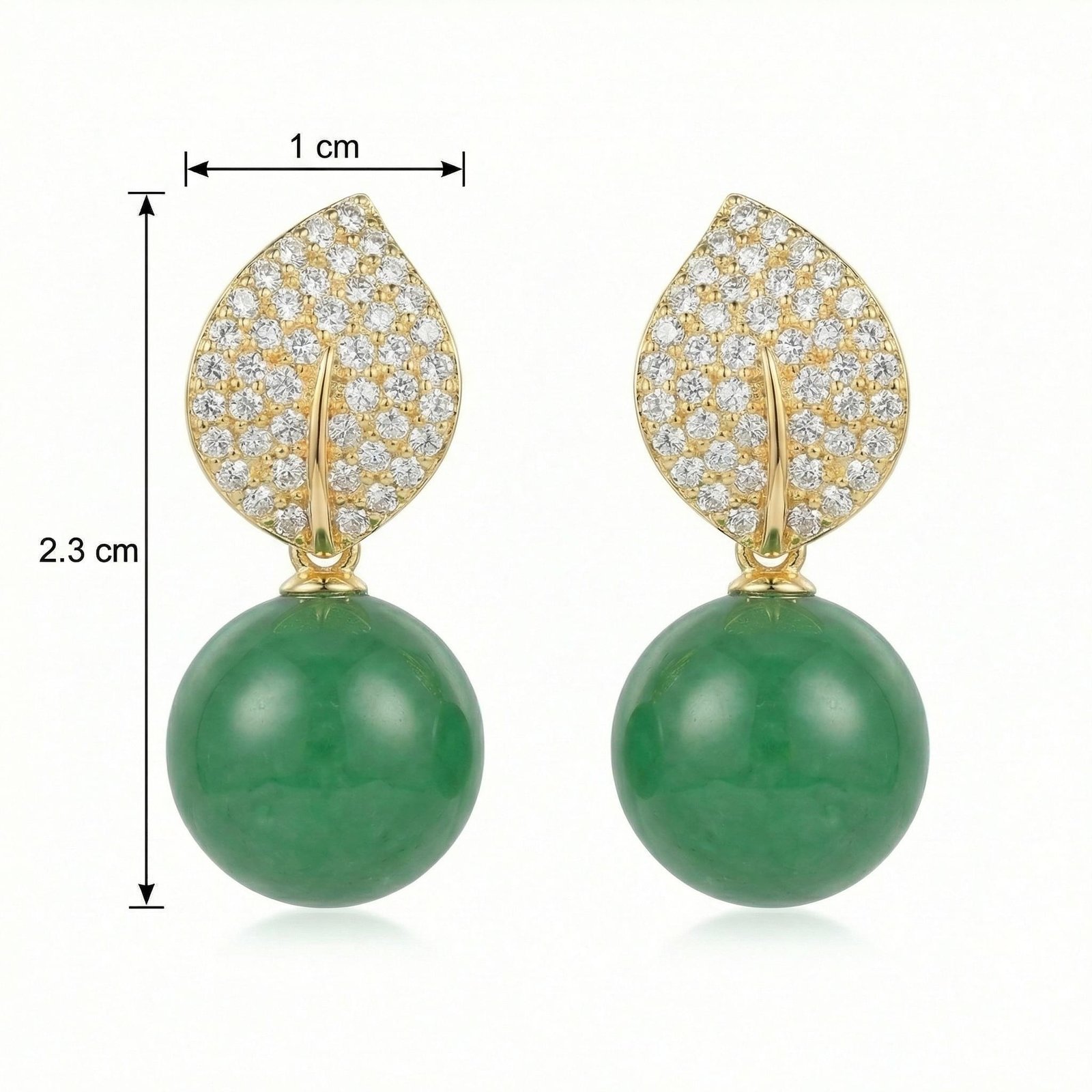 925 Sterling Silver Elegant Nature-Inspired Leaf Pave Accents and Green Jade Spherical Drop Earrings - Image 2