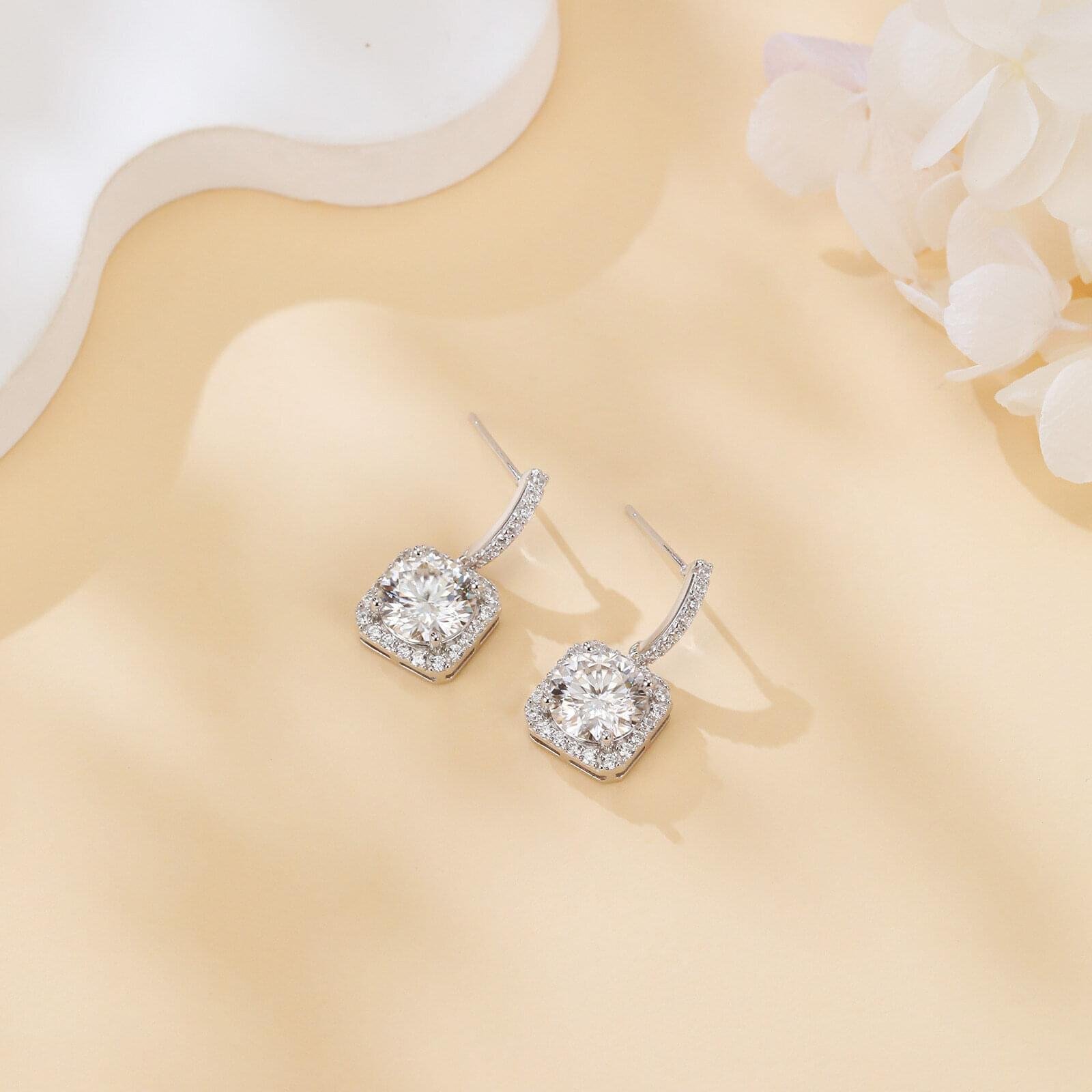 925 Sterling Silver Elegant Moissanite Halo Stud Earrings Wholesale In Plated with White Gold - Image 2