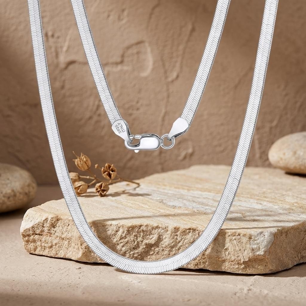 925 Sterling Silver Elegant  Herringbone Chain Necklace with Secure Lobster Clasp - Image 3