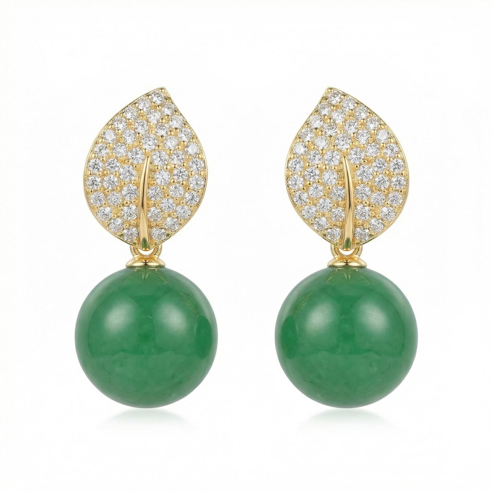 925 Sterling Silver Elegant Nature-Inspired Leaf Pave Accents and Green Jade Spherical Drop Earrings