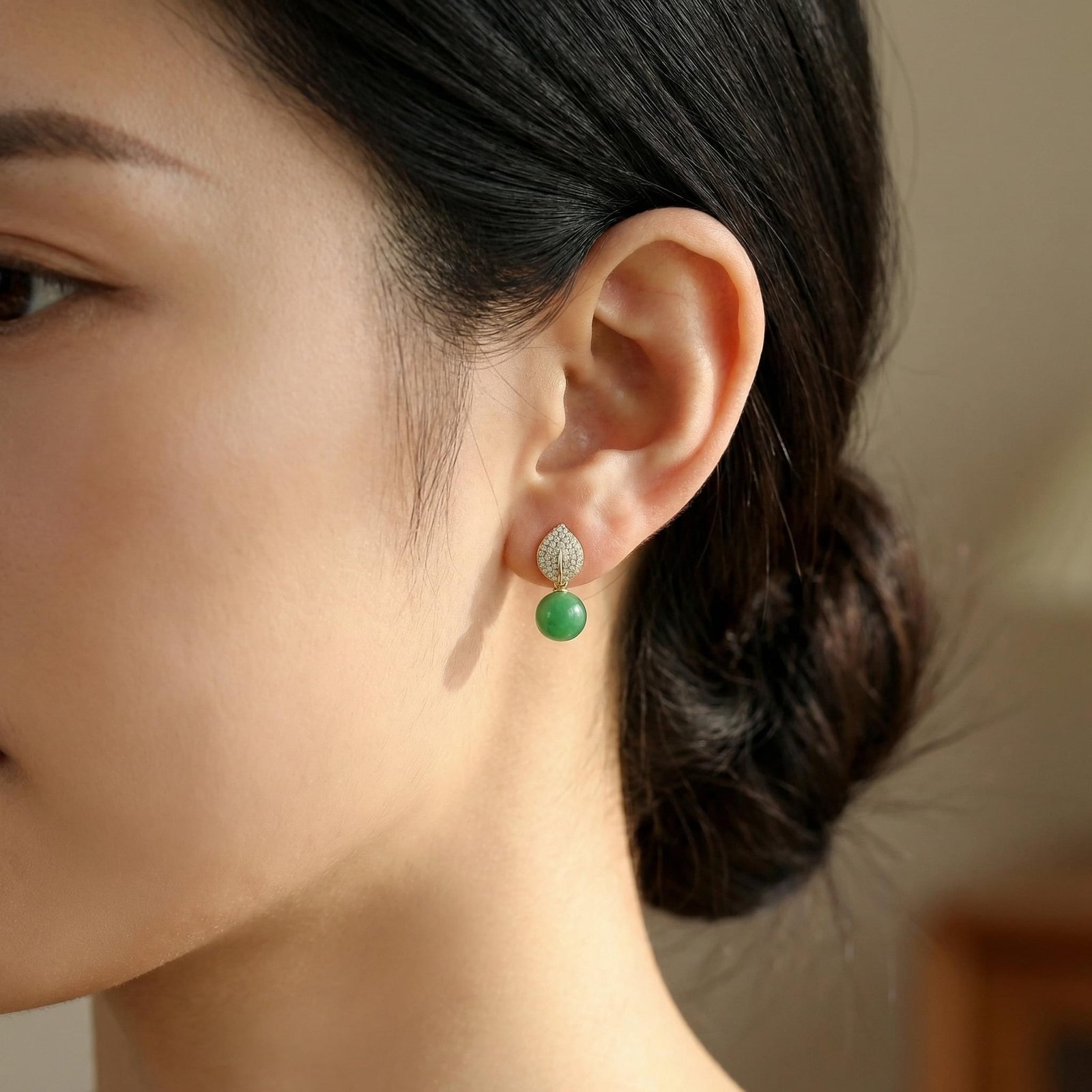 925 Sterling Silver Elegant Nature-Inspired Leaf Pave Accents and Green Jade Spherical Drop Earrings - Image 3