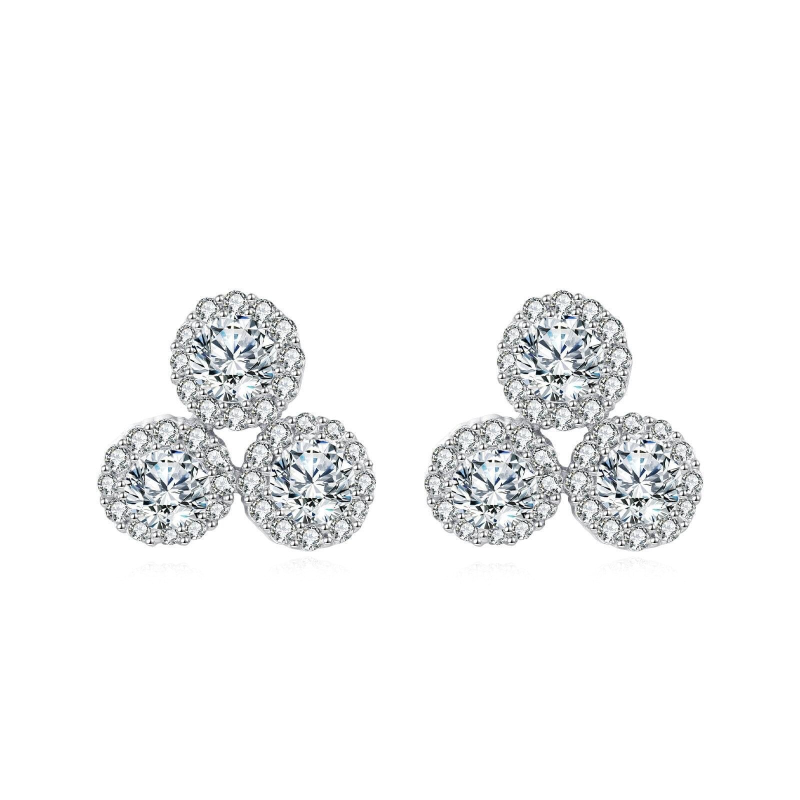 925 Sterling Silver **triple Moissanite Cluster Earrings In Plated with White Gold**