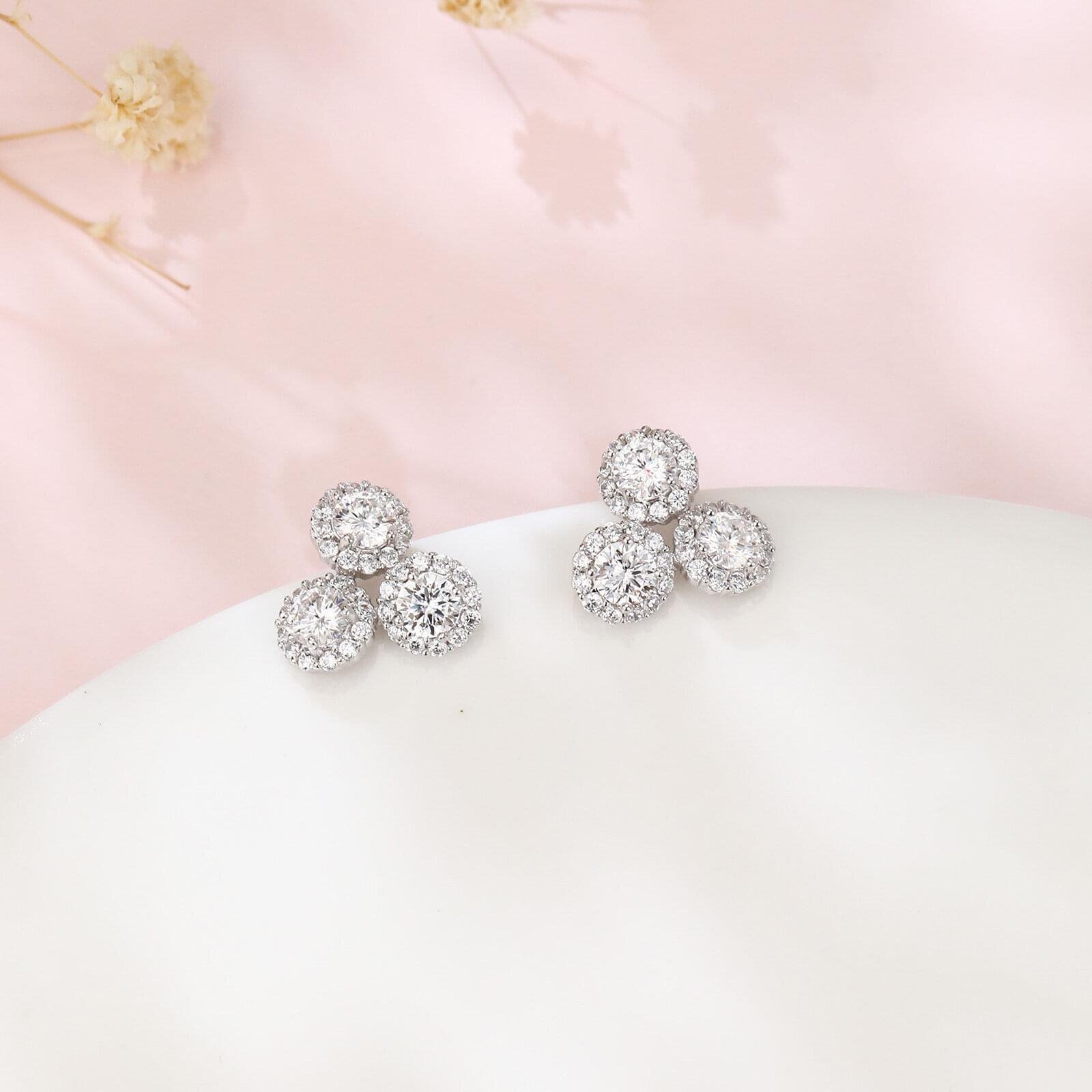925 Sterling Silver **triple Moissanite Cluster Earrings In Plated with White Gold** - Image 4