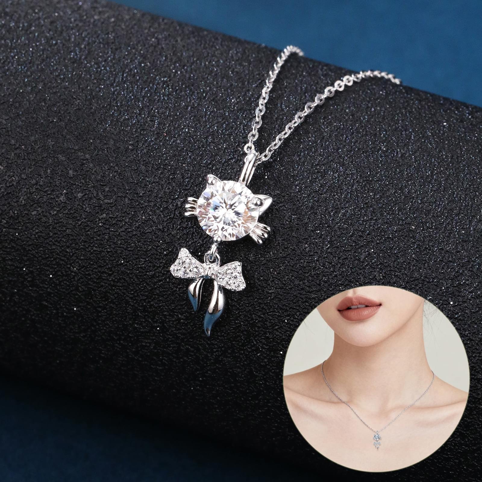 Elegant 925 Sterling Silver Moissanite Cat Pendant Necklace With Delicate Silver Chain Time Less Luxury Jewelry