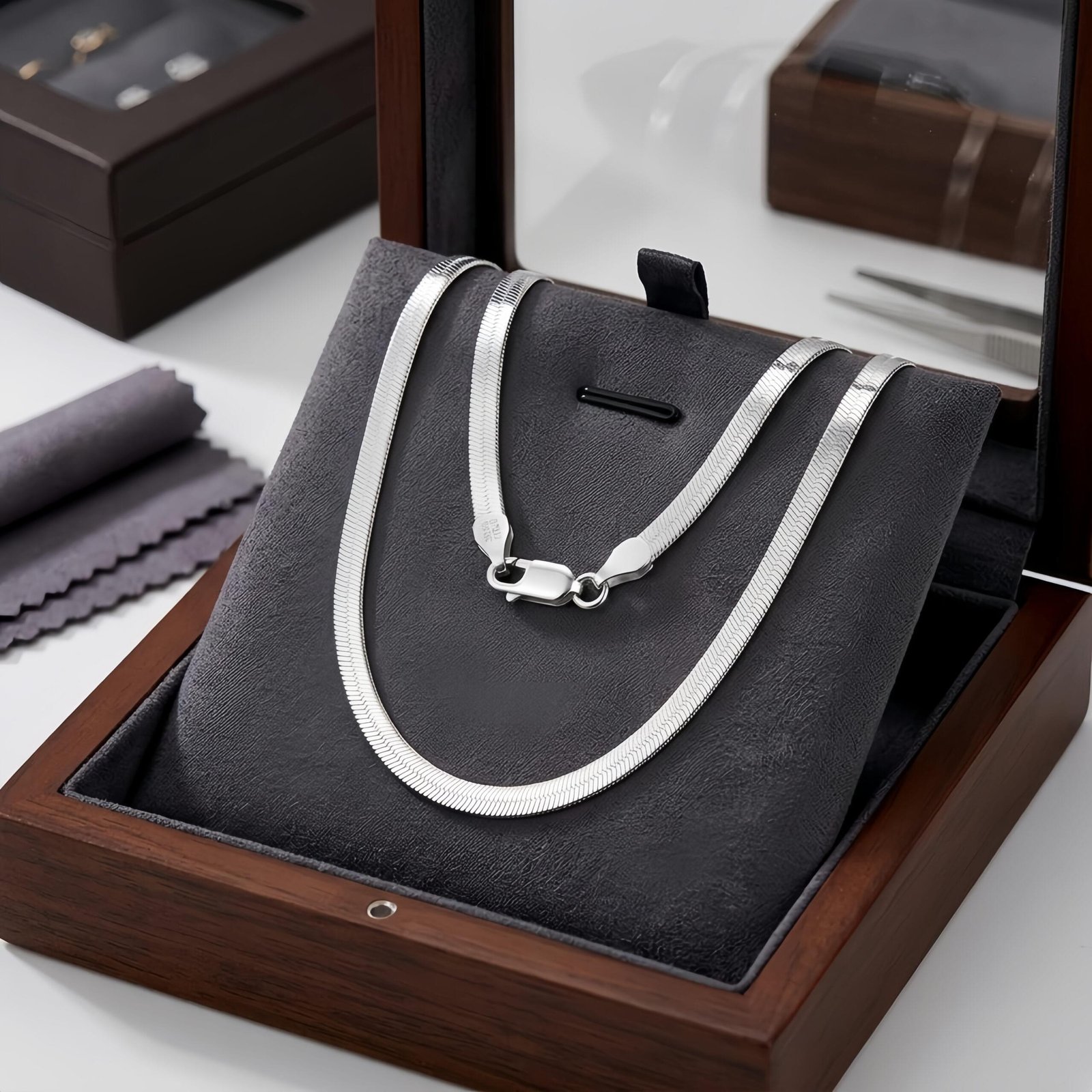 925 Sterling Silver Elegant  Herringbone Chain Necklace with Secure Lobster Clasp