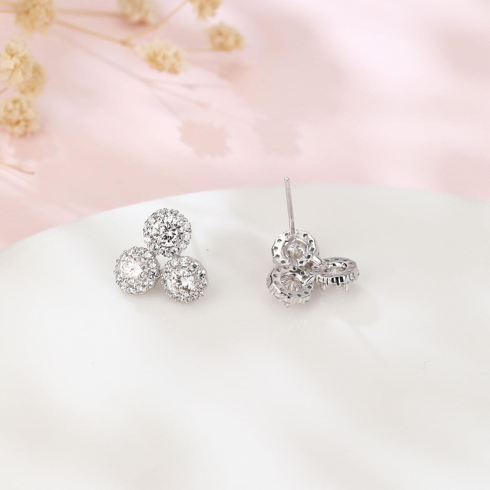 925 Sterling Silver **triple Moissanite Cluster Earrings In Plated with White Gold** - Image 2